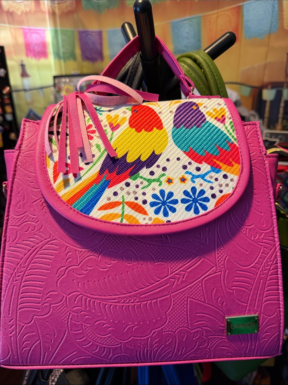 Vibrant Pink Tote with Colorful Bird Appliqué
